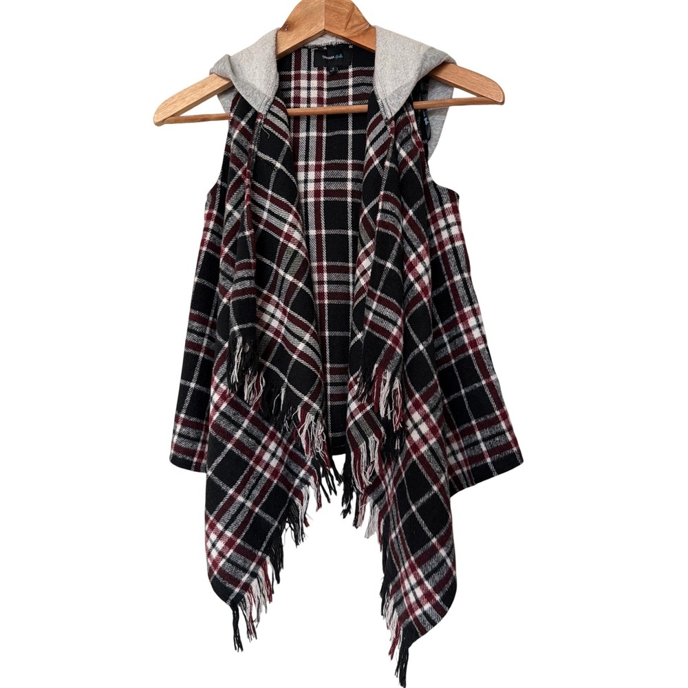 TAKARA Girls Plaid Hooded Vest Black Red White Fringe Size S